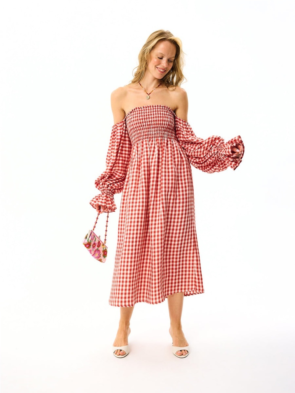 Sleeper Red Gingham Off-Shoulder Smocked Midi Dress